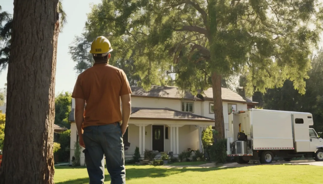 Friendly tree removal provider and homeowner reviewing a large backyard tree near a stucco home in the Santa Ana area